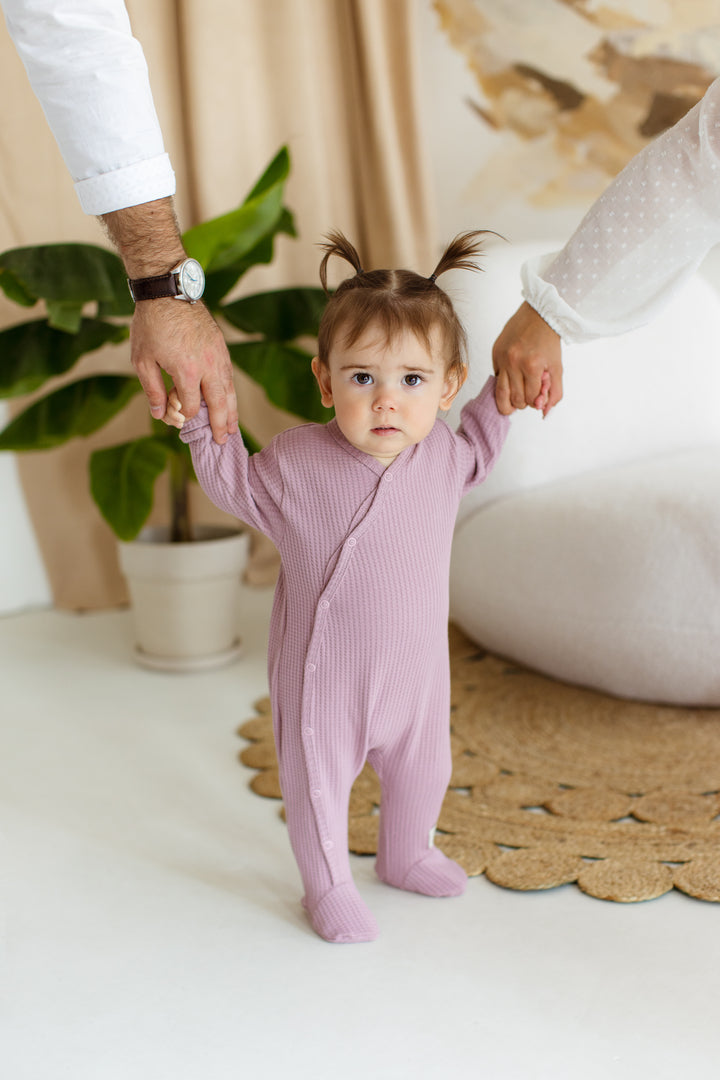 Baby Strampler Langarm mit Fuß Waffelpique Langarm Rosa