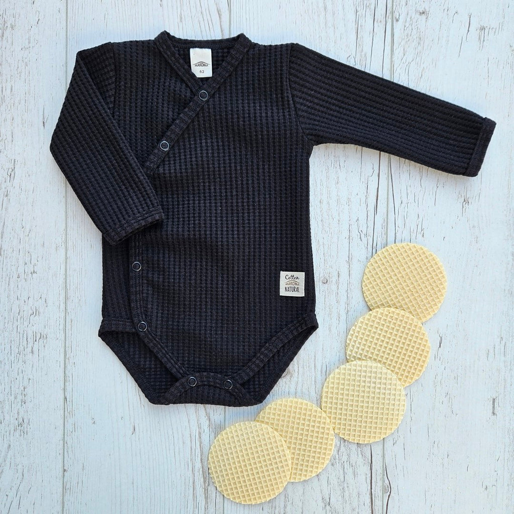 Baby Wickelbody Langarm Waffelpique Schwarz