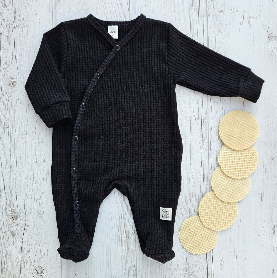 Baby Strampler Langarm mit Fuß Waffelpique Schwarz