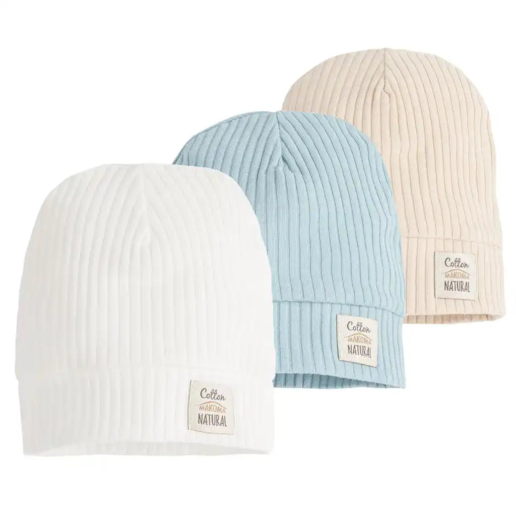 Baby Mütze Set 3er Pack Gerippt Harmony (Beige, Blau, Weiß)