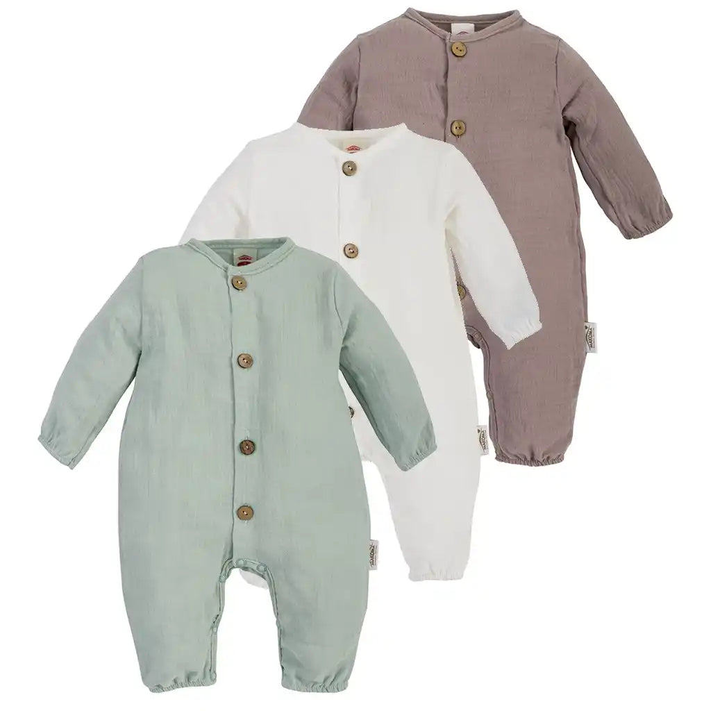 Baby Musselin Strampler Set 3er Pack (Grün, Weiß, Braun)