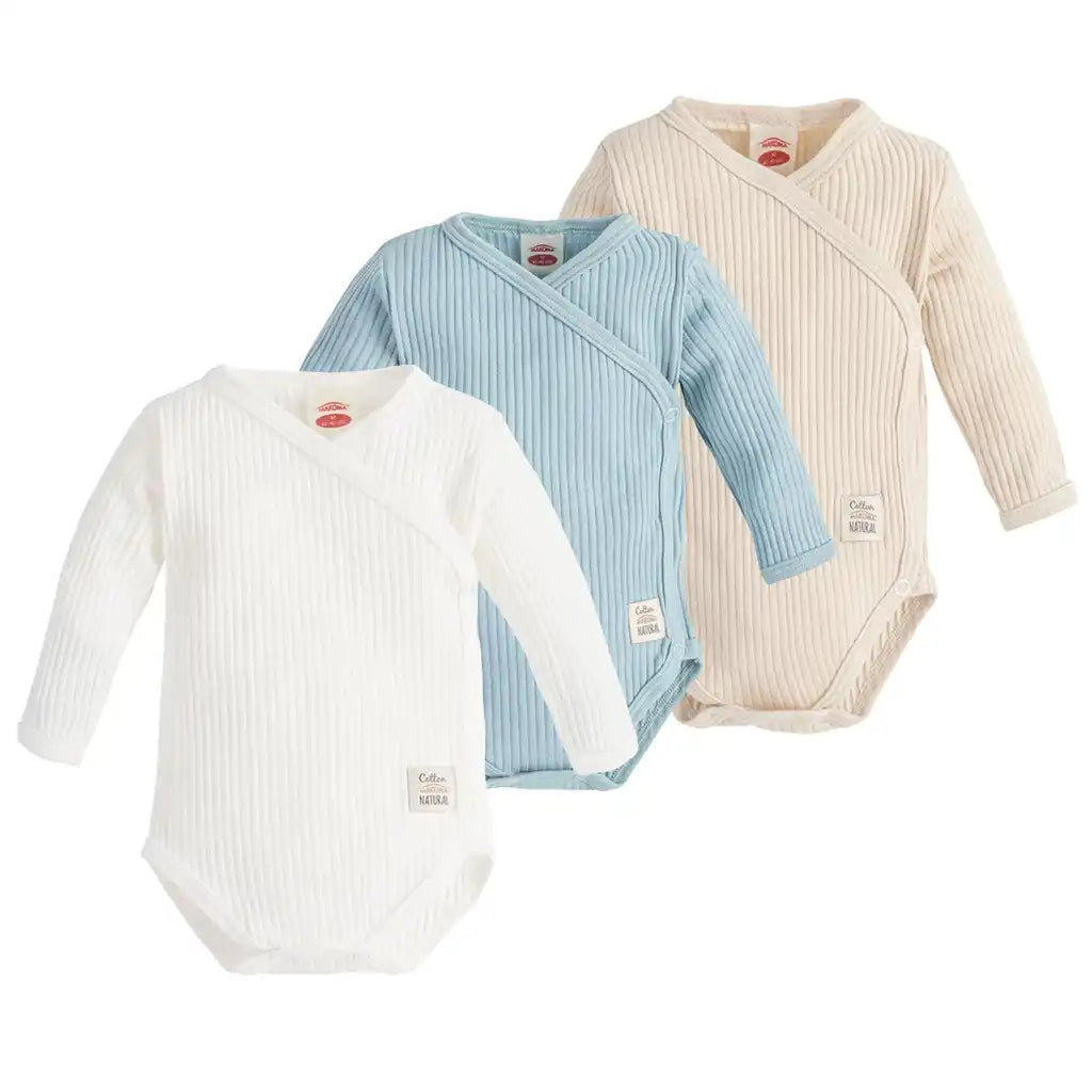 Baby Wickelbody Langarm Set Gerippt 3er Pack Harmony (Blau, Beige, Weiß)