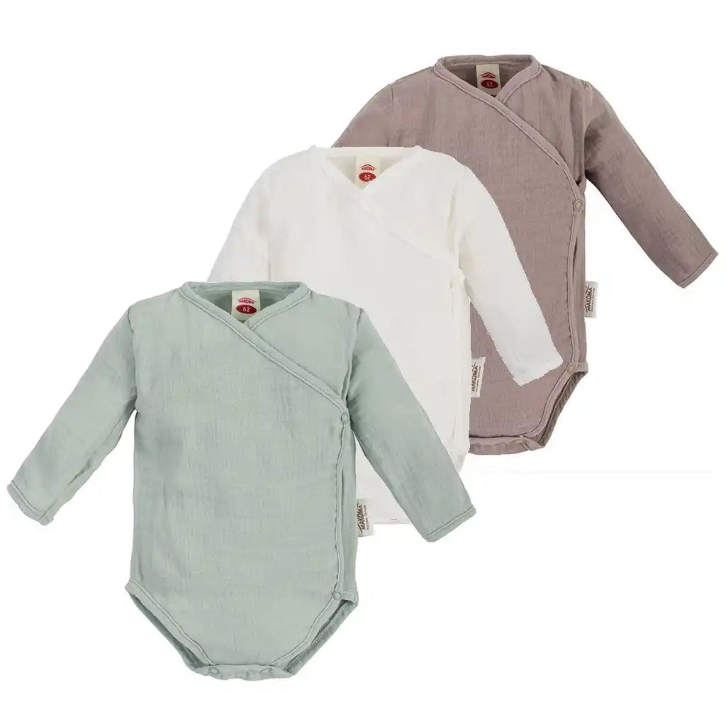 Baby Musselin Wickelbody Langarm Set 3er Pack (Braun, Weiß, Grün)